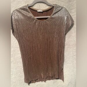 Zara Brown Gold Cap Sleeve Pleated Blouse
